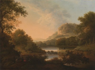 Figuren mit einem Esel und Hund, die ein Wehr überqueren von James Lambert  of Lewes